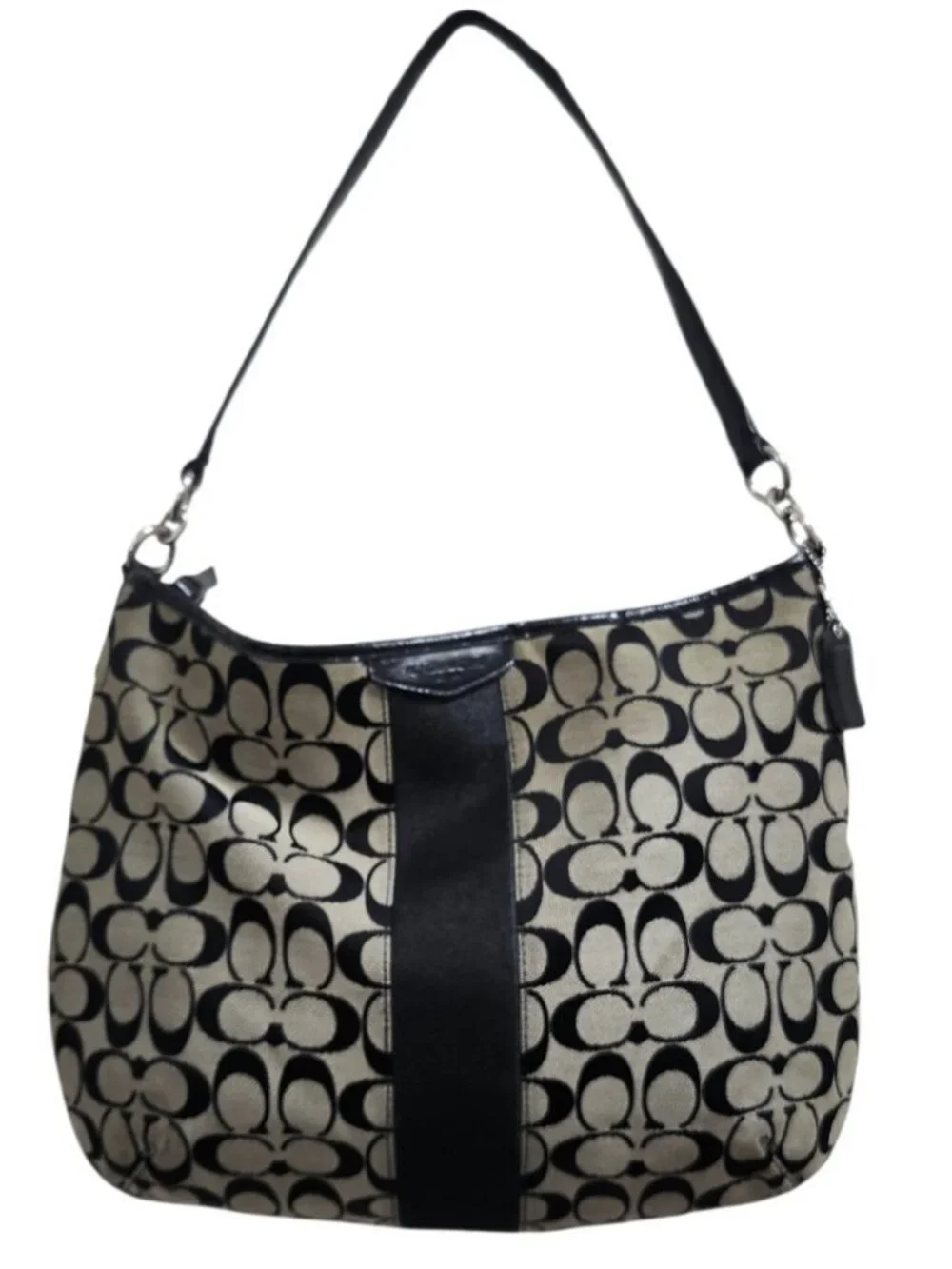 Coach F29941 Signature Stripe Hobo Shoulder Bag Black Khaki Jacquard Leather